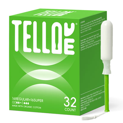 Tellove Tampons with 100% Organic Cotton Core - 32 Count(16 Regular, 16 Super), Featuring 360° Comfort-Expand Technology with BPA-Free Applicator, Leak-Proof for 8 Hours, Comfort-Fit for Sensitive Skin