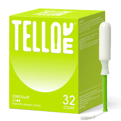 Tellove Tampons with 100% Organic Cotton Core - 32 Count(32 Regular Tampons), Featuring 360° Comfort-Expand Technology with BPA-Free Applicator, Leak-Proof for 8 Hours, Comfort-Fit for Sensitive Skin