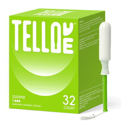 Tellove Tampons with 100% Organic Cotton Core - 32 Count(32 Super Tampons), Featuring 360° Comfort-Expand Technology with BPA-Free Applicator, Leak-Proof for 8 Hours, Comfort-Fit for Sensitive Skin