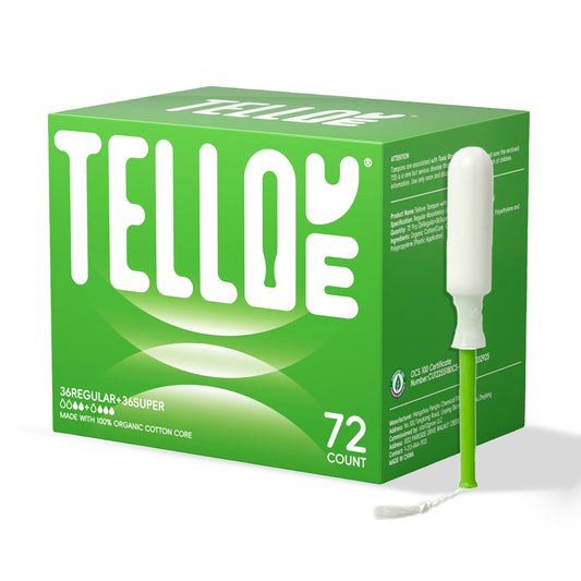 Tellove Tampons with 100% Organic Cotton Core, 72 Count(36 Regular, 36 Super), Featuring 360° Comfort-Expand Technology with BPA-Free Applicator, Leak-Proof for 8 Hours, Comfort-Fit for Sensitive Skin