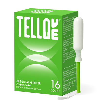 Tellove Tampons with 100% Organic Cotton Core - 16 Count(8 Regular, 8 Super), Featuring 360° Comfort-Expand Technology with BPA-Free Applicator, Leak-Proof for 8 Hours, Comfort-Fit for Sensitive Skin